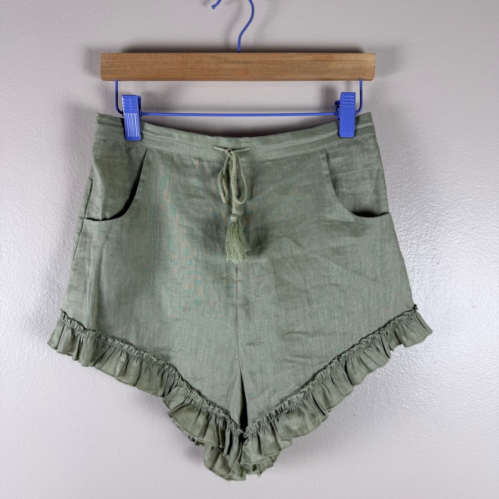 Spell & The Gypsy Women's S Shorts Sage Green Linen Ruffle Hem Tassel Boho